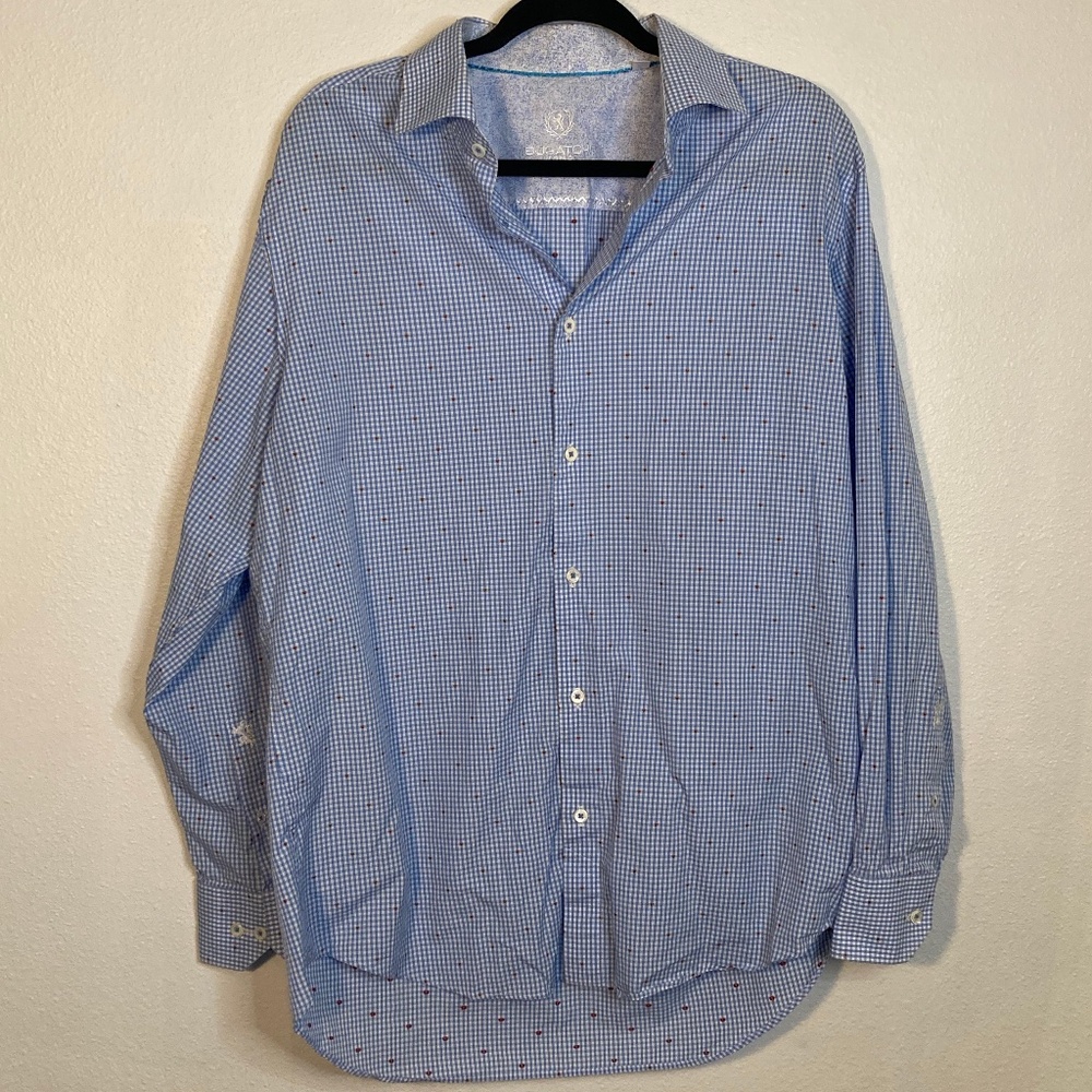bugatchi uomo embroidered heart gingham patterned long sleeve dress shirt